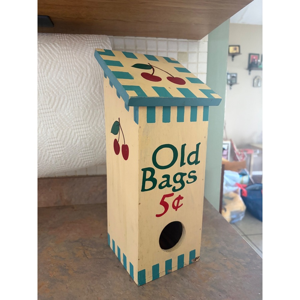 Vintage 1997 Loomco Wooden Kitchen Bag Holder Old Bags 5c Cherry Painted Wood